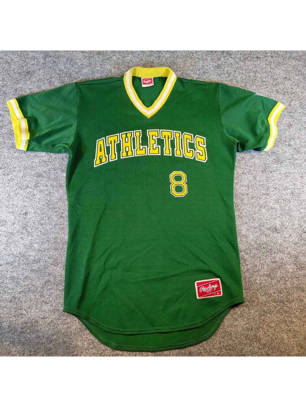 Vintage Rawlings Little League Baseball Athletics Jersey #8 Green Yellow Sz 38